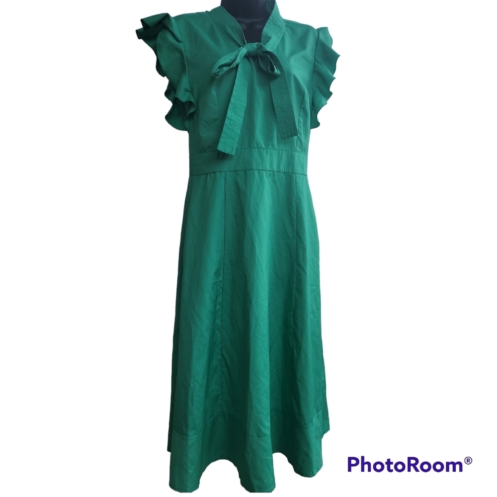 Women Green A-Line Midi Butterfly Short Sleeves Dress Ladies Tie Bow Medium. - Picture 2 of 4